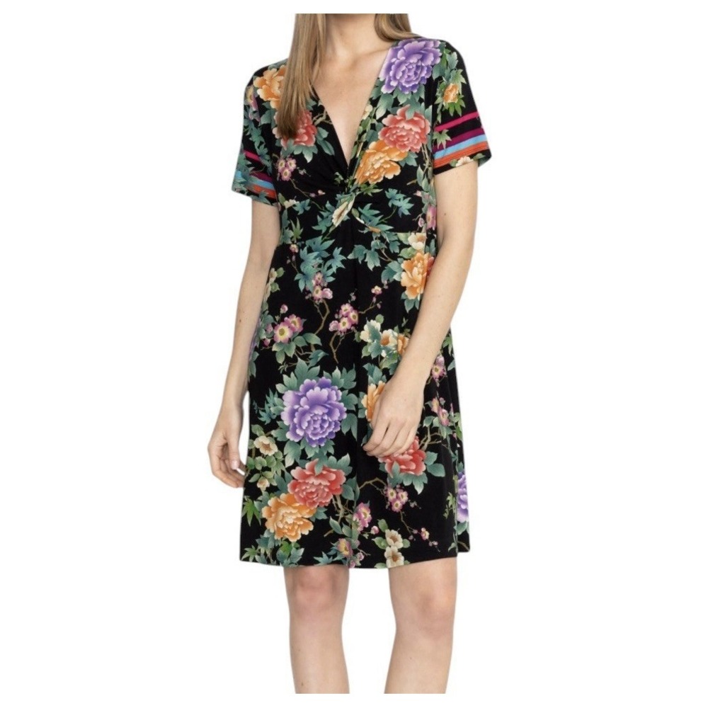 Johnny Was Janie Midi Dress Women's Medium Floral Stretch Short Sleeve Romantic